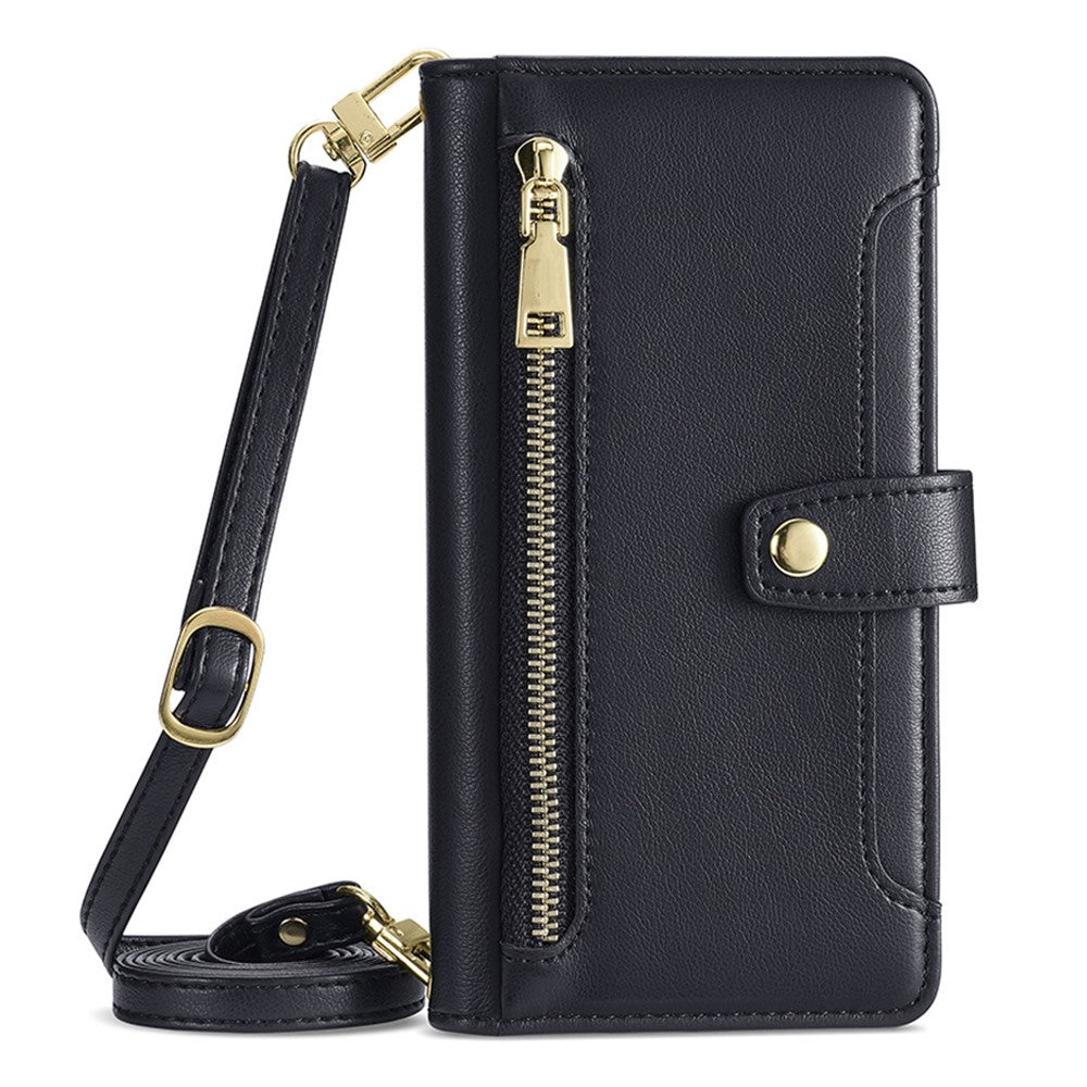 For iPhone 14 Pro Max PU Leather Stand Case Zipper Pocket Phone Cover with Wrist Strap and Shoulder Strap