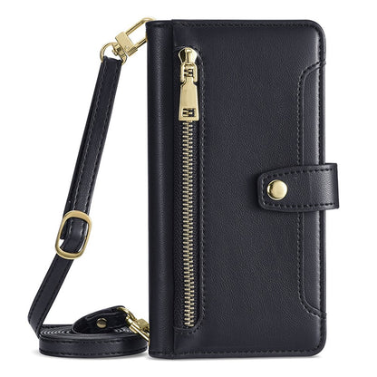 For iPhone 14 Pro Max PU Leather Stand Case Zipper Pocket Phone Cover with Wrist Strap and Shoulder Strap