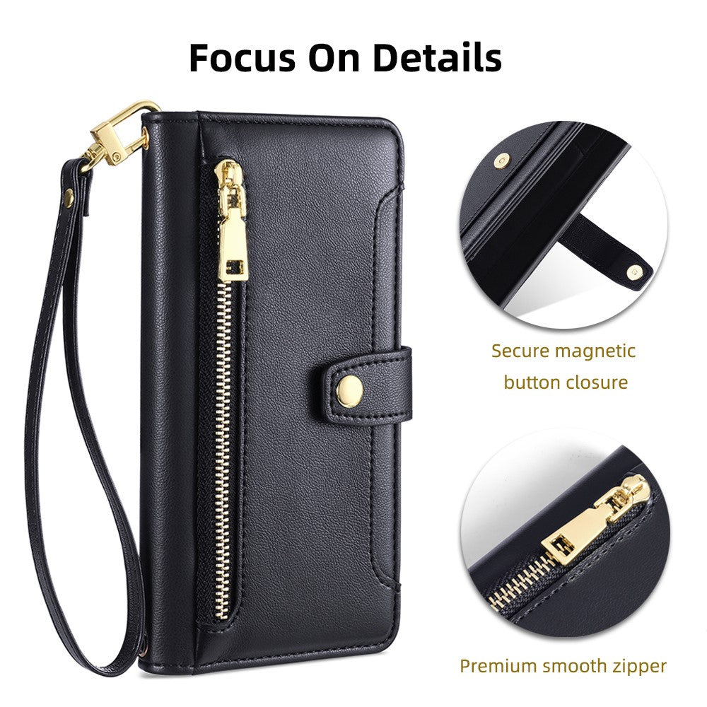 For iPhone 14 Pro Max PU Leather Stand Case Zipper Pocket Phone Cover with Wrist Strap and Shoulder Strap