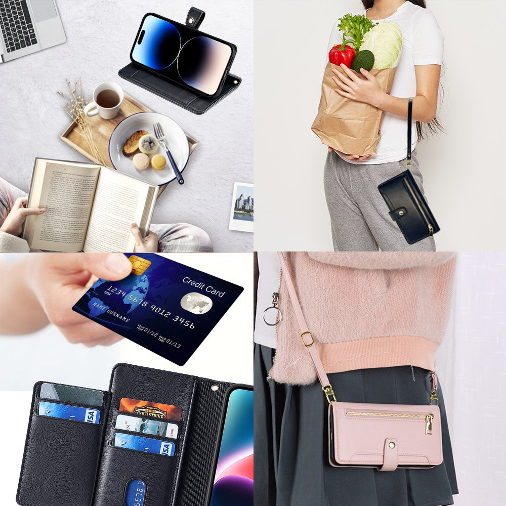 For iPhone 14 Pro Max PU Leather Stand Case Zipper Pocket Phone Cover with Wrist Strap and Shoulder Strap
