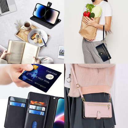 For iPhone 14 Pro Max PU Leather Stand Case Zipper Pocket Phone Cover with Wrist Strap and Shoulder Strap