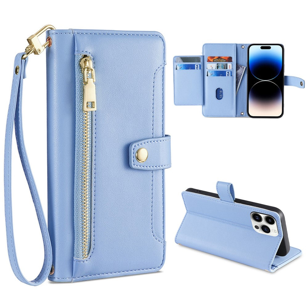 For iPhone 14 Pro Max PU Leather Stand Case Zipper Pocket Phone Cover with Wrist Strap and Shoulder Strap