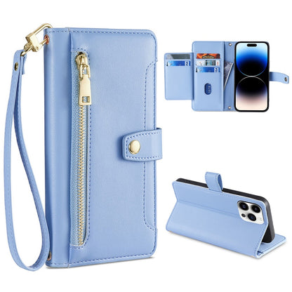For iPhone 14 Pro Max PU Leather Stand Case Zipper Pocket Phone Cover with Wrist Strap and Shoulder Strap