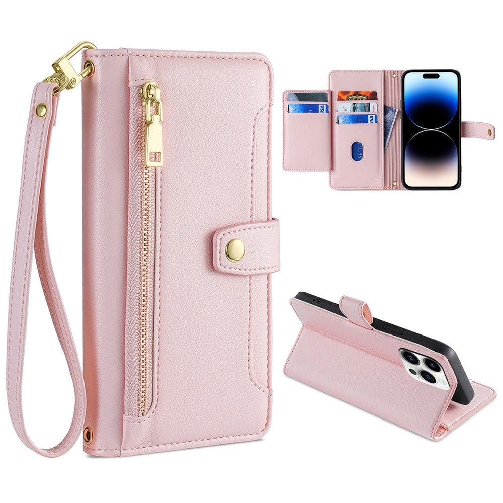 For iPhone 14 Pro Max PU Leather Stand Case Zipper Pocket Phone Cover with Wrist Strap and Shoulder Strap