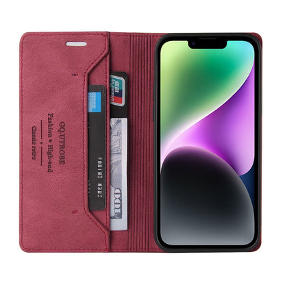 GQ.UTROBE 008 Series For iPhone 14 Plus Fall Proof RFID Blocking Skin-touch Feeling PU Leather Stand Wallet Phone Case