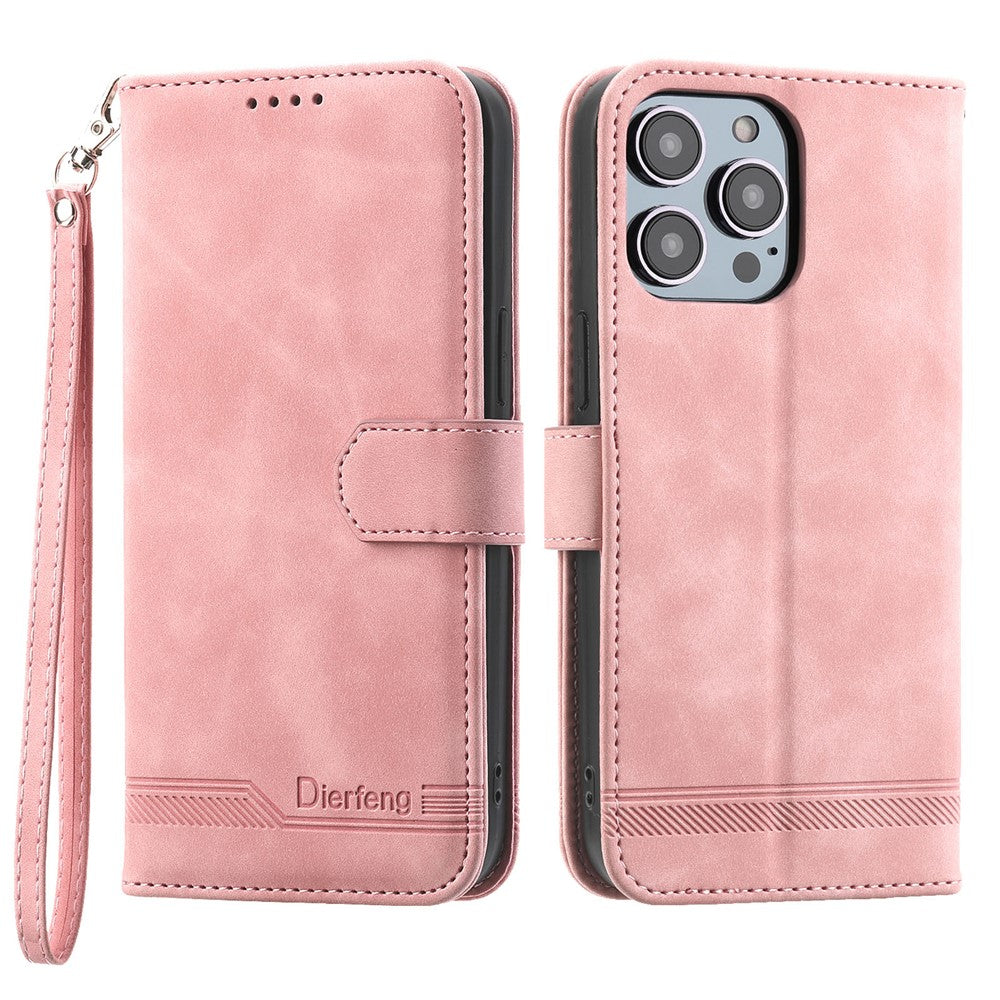 DIERFENG DF-03 for iPhone 14 Pro Max PU Leather Case Lines Imprinted Shockproof Phone Wallet Stand Cover