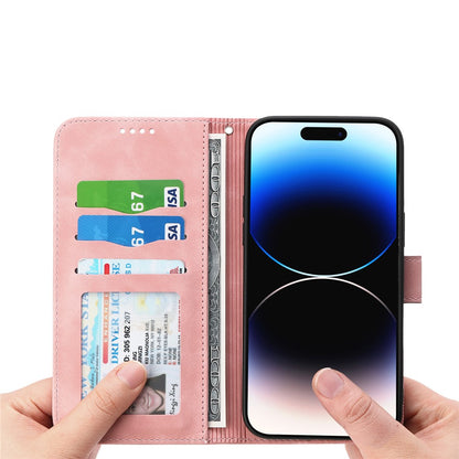 DIERFENG DF-03 for iPhone 14 Pro Max PU Leather Case Lines Imprinted Shockproof Phone Wallet Stand Cover
