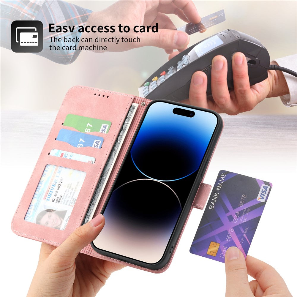 DIERFENG DF-03 for iPhone 14 Pro Max PU Leather Case Lines Imprinted Shockproof Phone Wallet Stand Cover