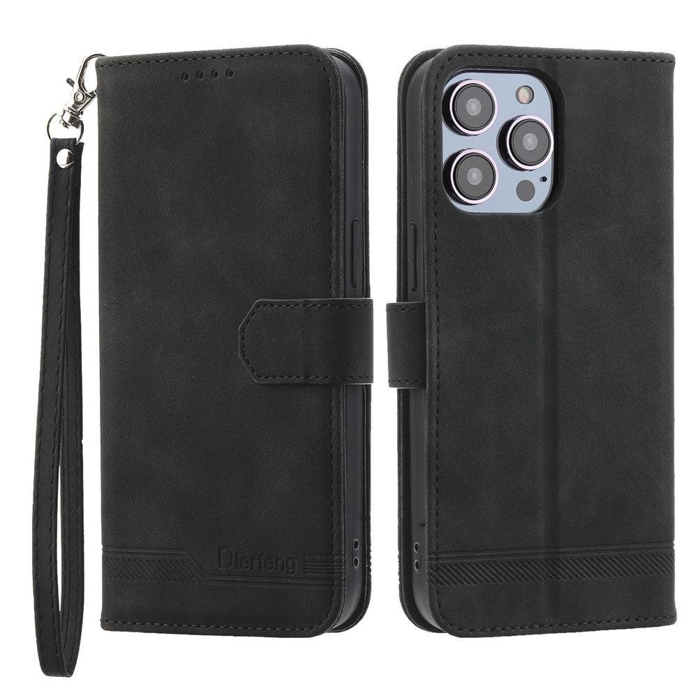DIERFENG DF-03 for iPhone 14 Pro Max PU Leather Case Lines Imprinted Shockproof Phone Wallet Stand Cover