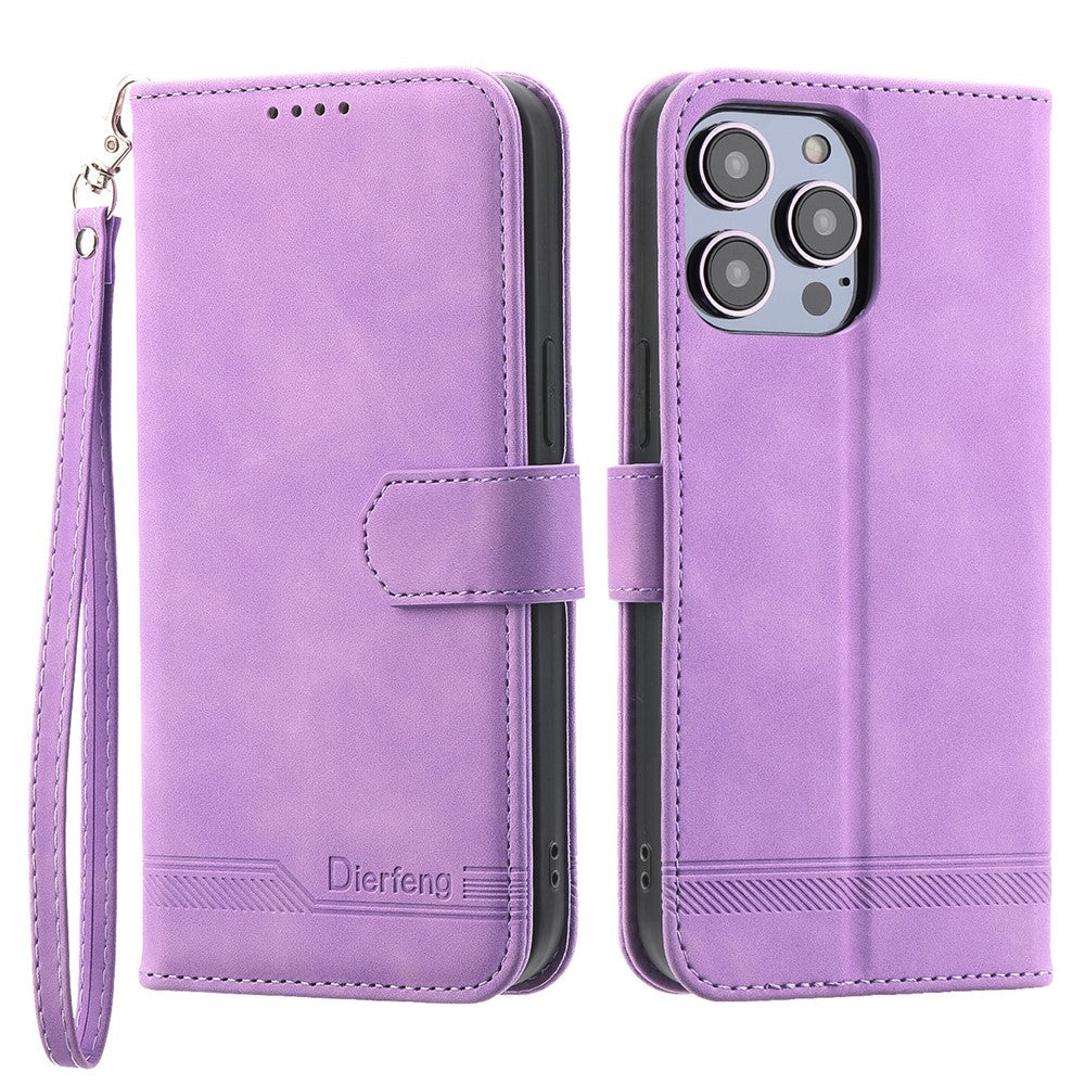 DIERFENG DF-03 for iPhone 14 Pro Max PU Leather Case Lines Imprinted Shockproof Phone Wallet Stand Cover