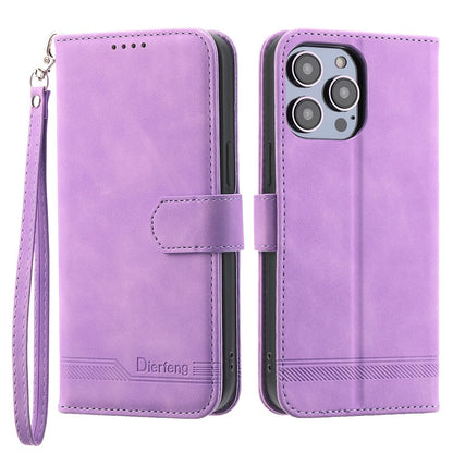 DIERFENG DF-03 for iPhone 14 Pro Max PU Leather Case Lines Imprinted Shockproof Phone Wallet Stand Cover
