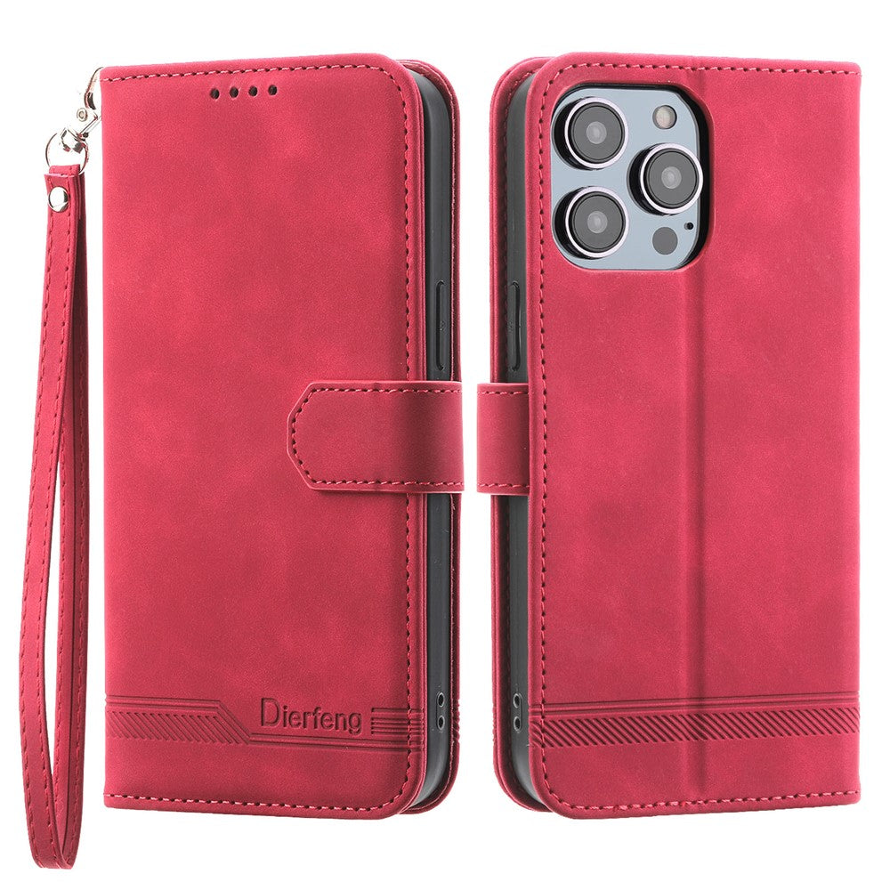 DIERFENG DF-03 for iPhone 14 Pro Max PU Leather Case Lines Imprinted Shockproof Phone Wallet Stand Cover