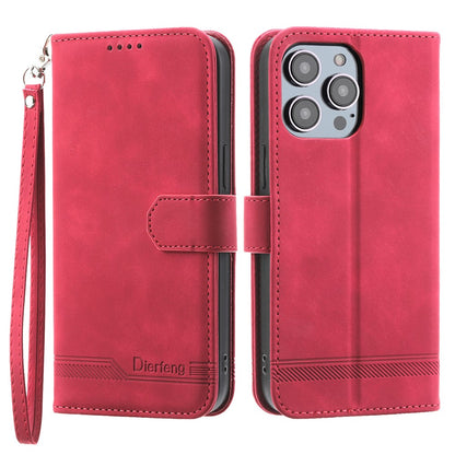 DIERFENG DF-03 for iPhone 14 Pro Max PU Leather Case Lines Imprinted Shockproof Phone Wallet Stand Cover