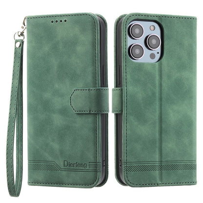 DIERFENG DF-03 for iPhone 14 Pro Max PU Leather Case Lines Imprinted Shockproof Phone Wallet Stand Cover