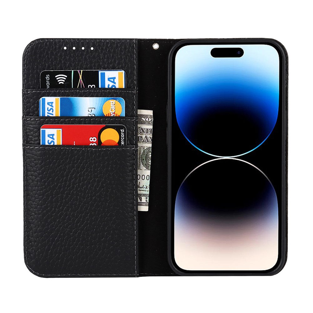 Full Protection Phone Case For iPhone 14 Pro Max, Litchi Texture Genuine Leather Cell Phone Cover Wallet Stand