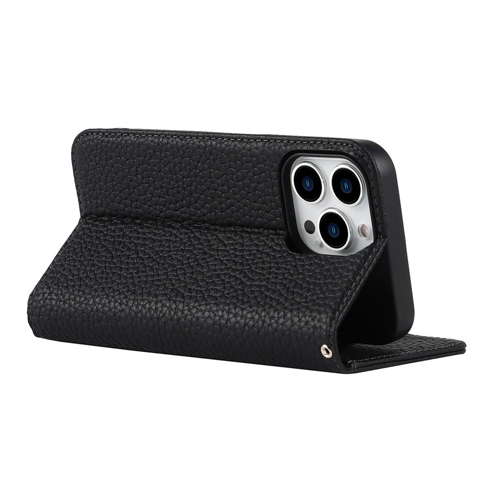 Full Protection Phone Case For iPhone 14 Pro Max, Litchi Texture Genuine Leather Cell Phone Cover Wallet Stand