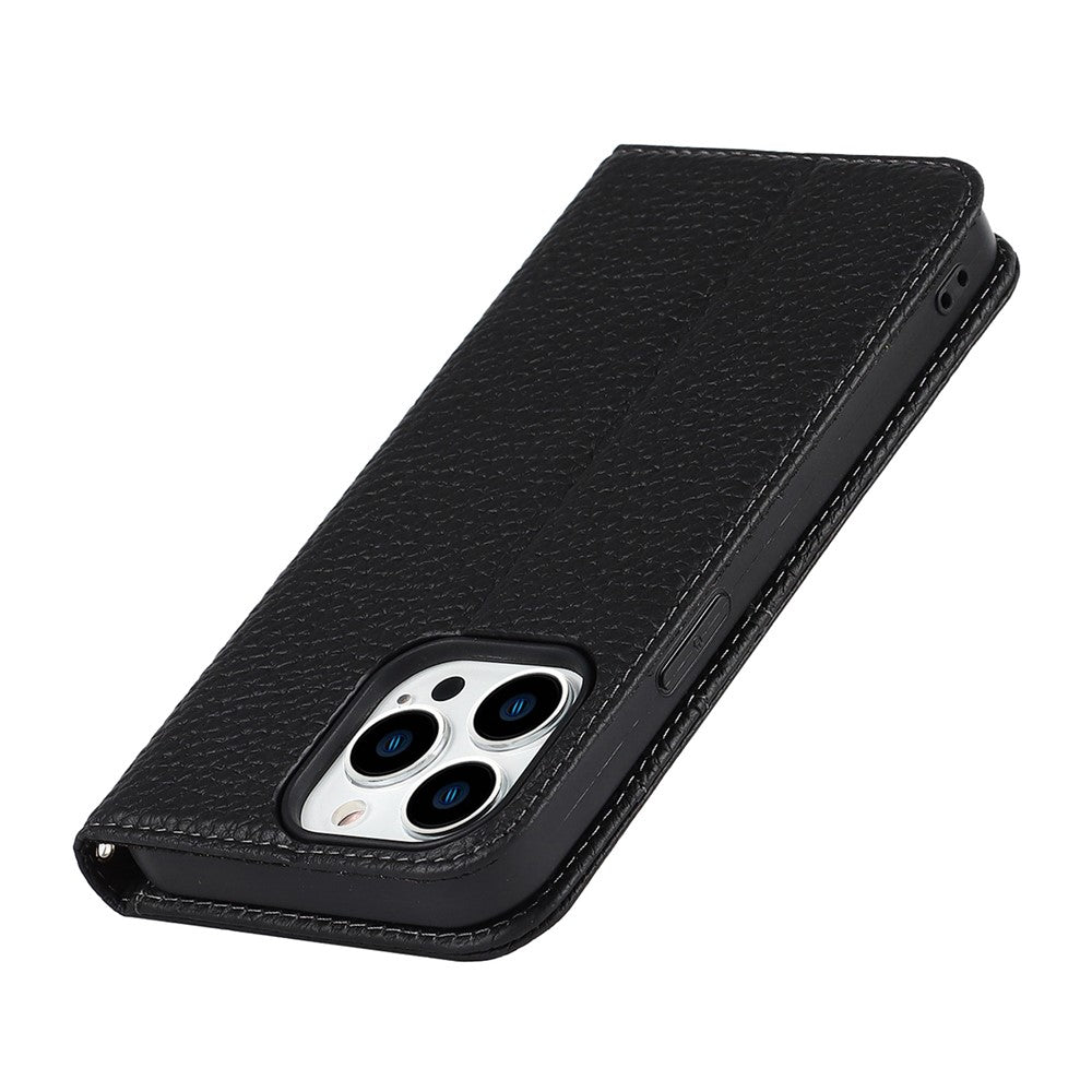 Full Protection Phone Case For iPhone 14 Pro Max, Litchi Texture Genuine Leather Cell Phone Cover Wallet Stand