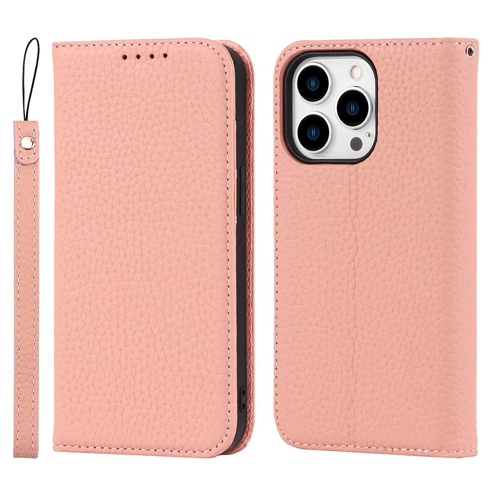 Full Protection Phone Case For iPhone 14 Pro Max, Litchi Texture Genuine Leather Cell Phone Cover Wallet Stand