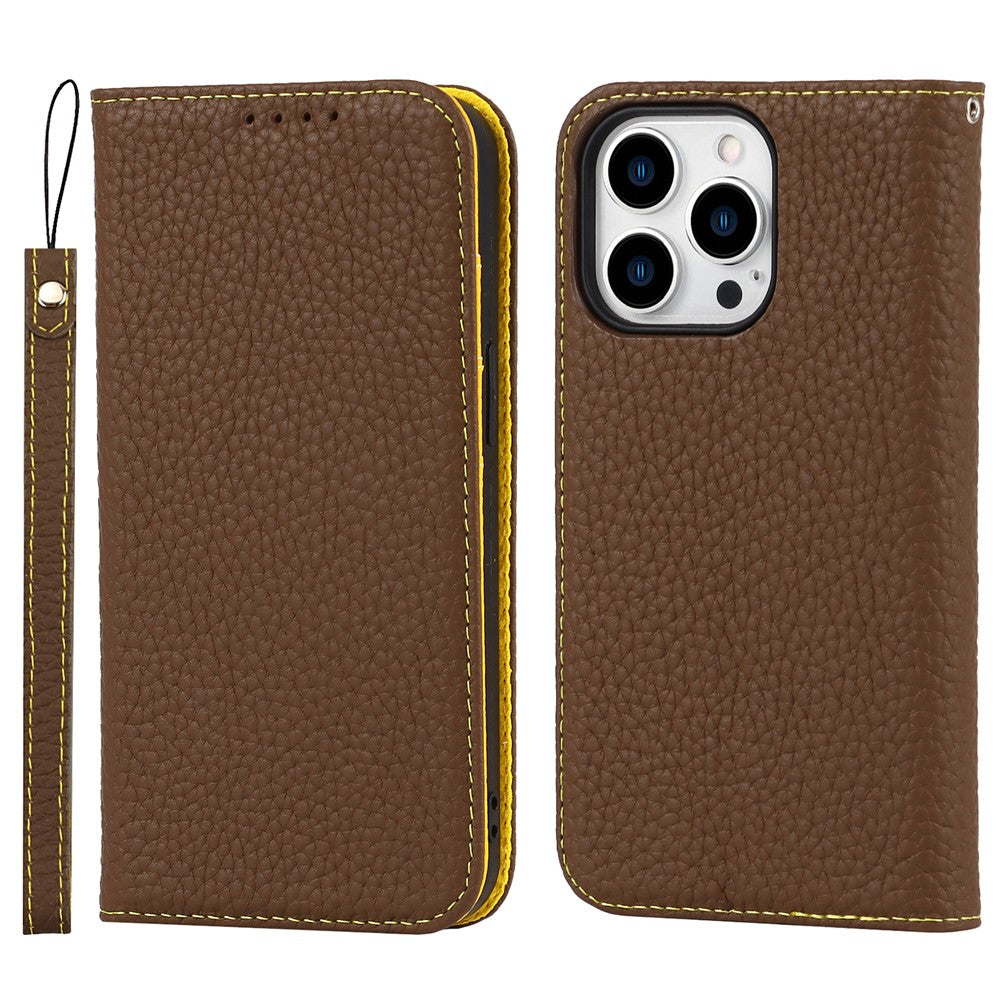 Full Protection Phone Case For iPhone 14 Pro Max, Litchi Texture Genuine Leather Cell Phone Cover Wallet Stand