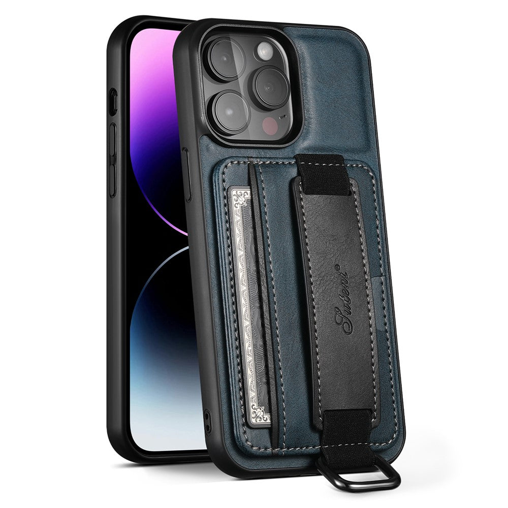 SUTENI H13 Phone Kickstand Case with Hand Strap for iPhone 14 Pro Max Card Holder Leather Coated PC + TPU Cover