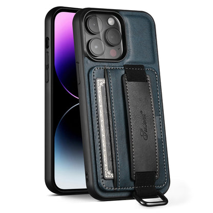 SUTENI H13 Phone Kickstand Case with Hand Strap for iPhone 14 Pro Max Card Holder Leather Coated PC + TPU Cover