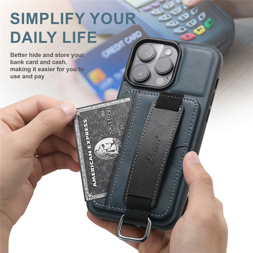 SUTENI H13 Phone Kickstand Case with Hand Strap for iPhone 14 Pro Max Card Holder Leather Coated PC + TPU Cover