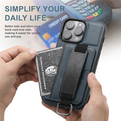 SUTENI H13 Phone Kickstand Case with Hand Strap for iPhone 14 Pro Max Card Holder Leather Coated PC + TPU Cover