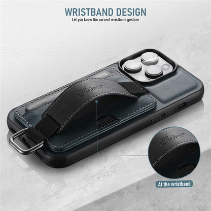 SUTENI H13 Phone Kickstand Case with Hand Strap for iPhone 14 Pro Max Card Holder Leather Coated PC + TPU Cover