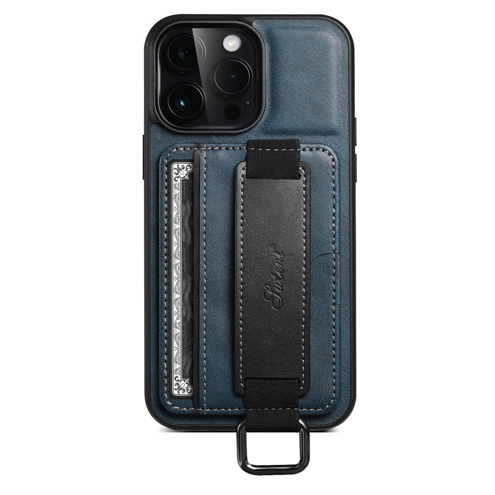 SUTENI H13 Phone Kickstand Case with Hand Strap for iPhone 14 Pro Max Card Holder Leather Coated PC + TPU Cover