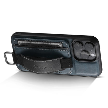 SUTENI H13 Phone Kickstand Case with Hand Strap for iPhone 14 Pro Max Card Holder Leather Coated PC + TPU Cover
