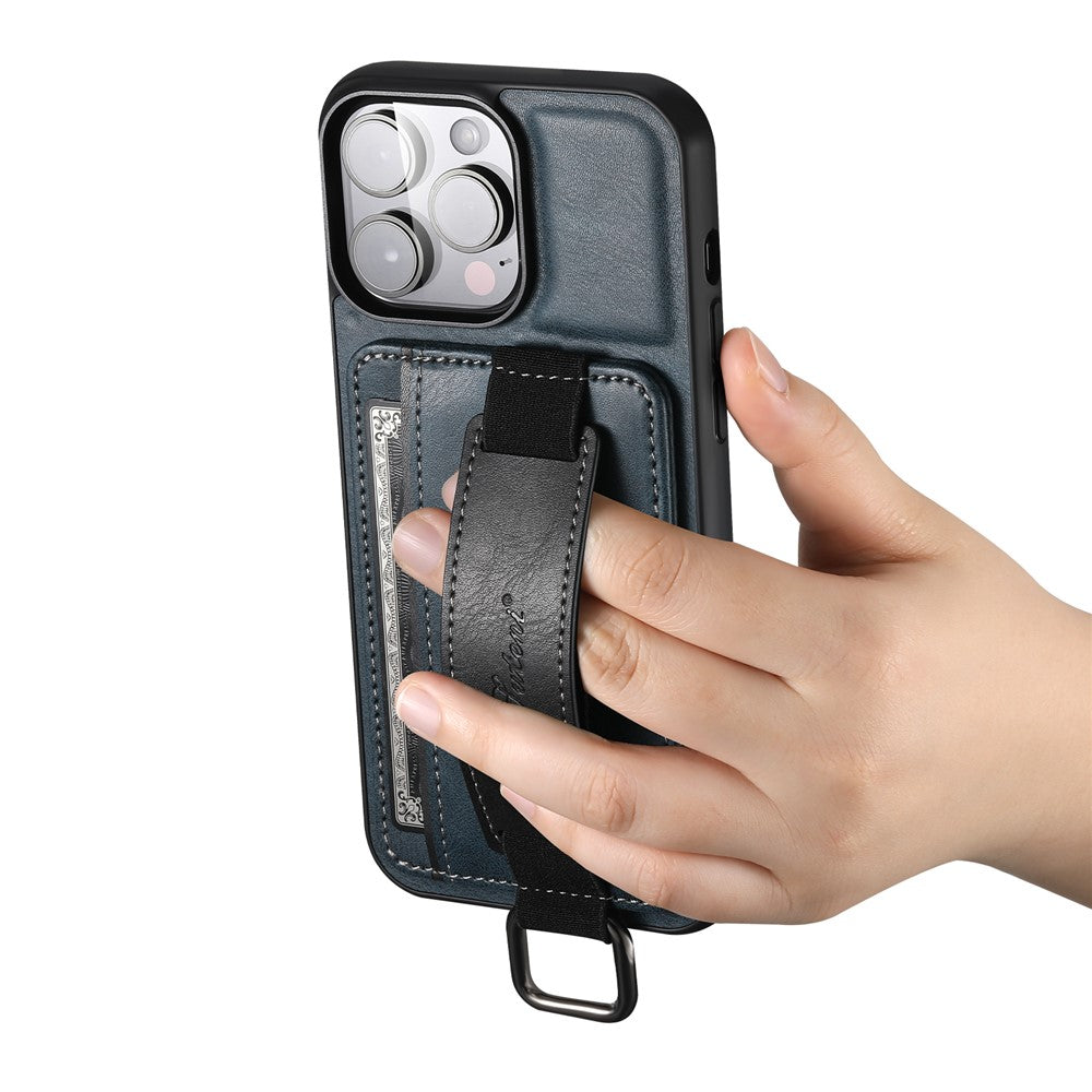 SUTENI H13 Phone Kickstand Case with Hand Strap for iPhone 14 Pro Max Card Holder Leather Coated PC + TPU Cover