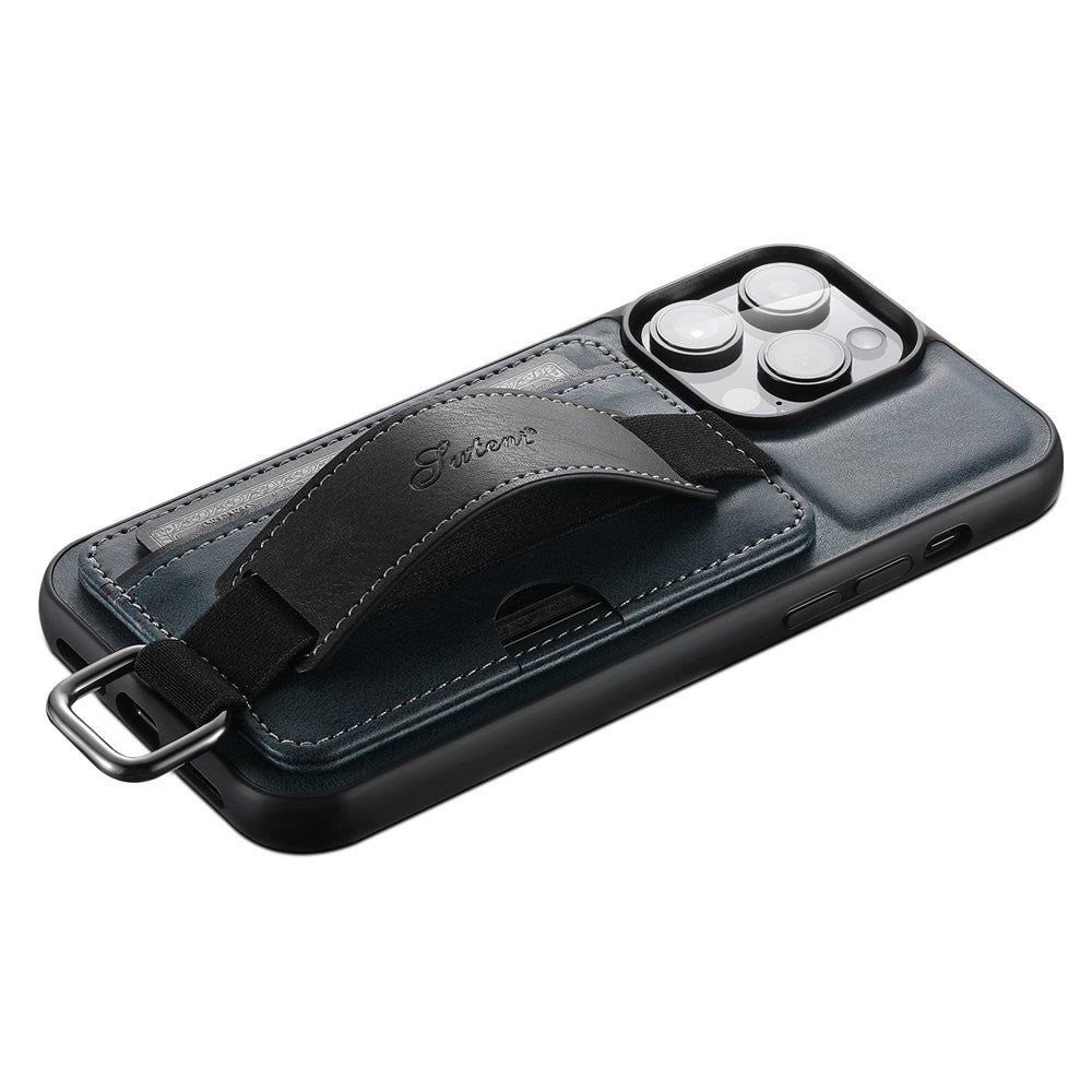SUTENI H13 Phone Kickstand Case with Hand Strap for iPhone 14 Pro Max Card Holder Leather Coated PC + TPU Cover