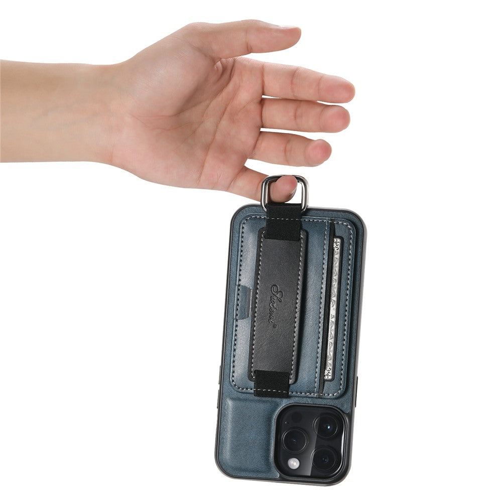 SUTENI H13 Phone Kickstand Case with Hand Strap for iPhone 14 Pro Max Card Holder Leather Coated PC + TPU Cover
