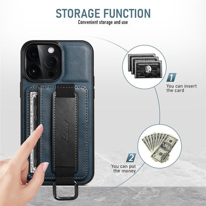 SUTENI H13 Phone Kickstand Case with Hand Strap for iPhone 14 Pro Max Card Holder Leather Coated PC + TPU Cover