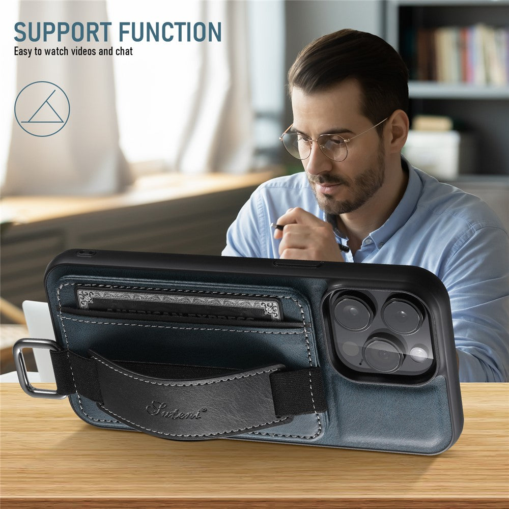 SUTENI H13 Phone Kickstand Case with Hand Strap for iPhone 14 Pro Max Card Holder Leather Coated PC + TPU Cover