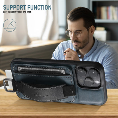 SUTENI H13 Phone Kickstand Case with Hand Strap for iPhone 14 Pro Max Card Holder Leather Coated PC + TPU Cover