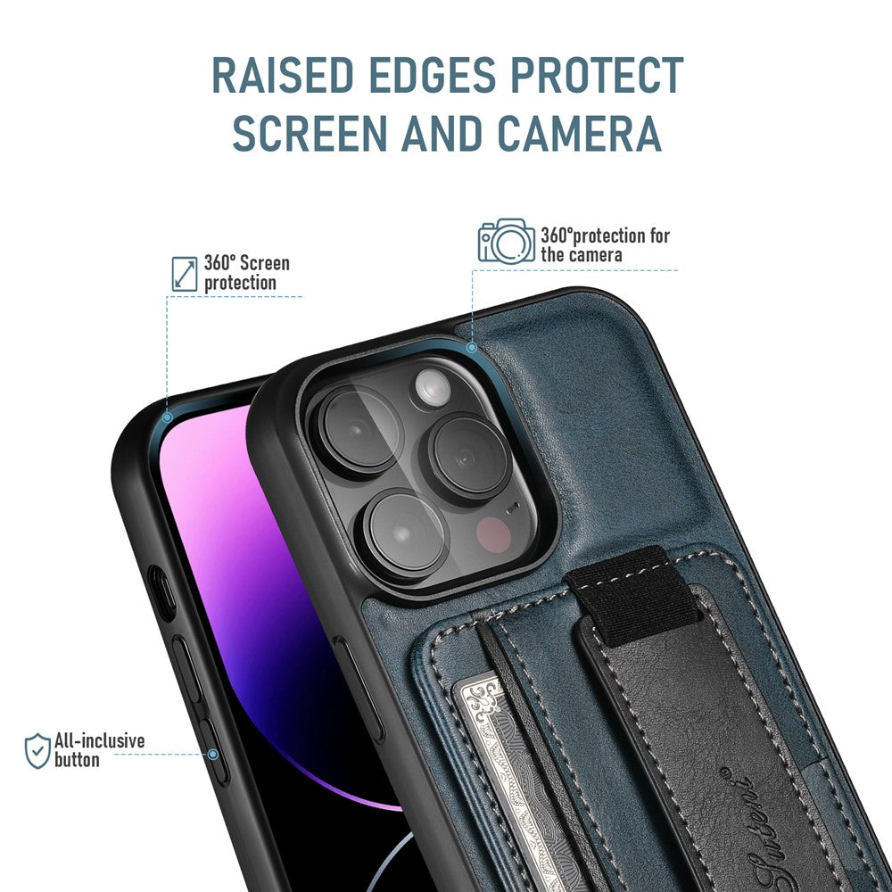 SUTENI H13 Phone Kickstand Case with Hand Strap for iPhone 14 Pro Max Card Holder Leather Coated PC + TPU Cover