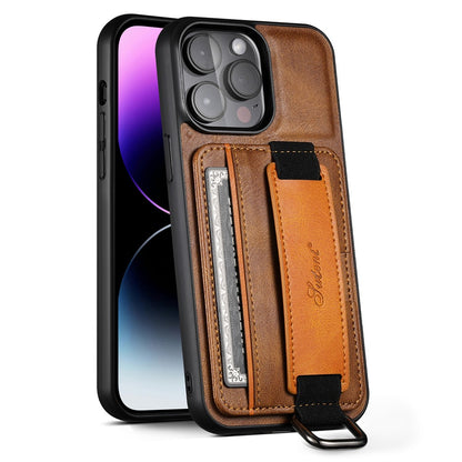 SUTENI H13 Phone Kickstand Case with Hand Strap for iPhone 14 Pro Max Card Holder Leather Coated PC + TPU Cover