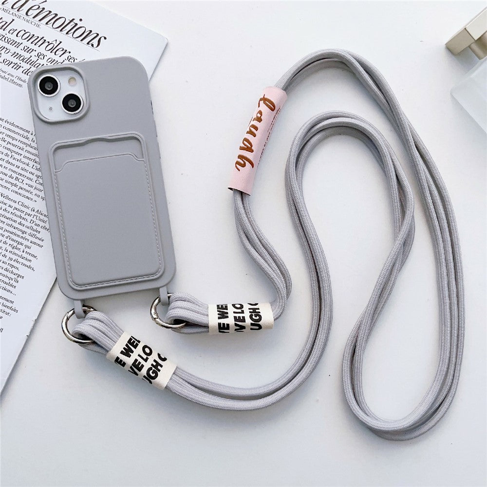 For iPhone 14 Plus Card Slot Phone Case Anti-Scratch Liquid Silicone Protective Phone Cover with Hanging Strap