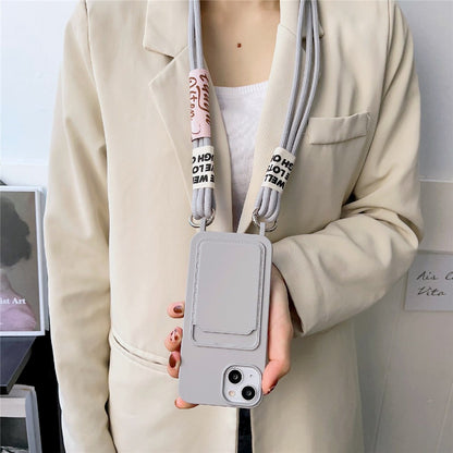 For iPhone 14 Plus Card Slot Phone Case Anti-Scratch Liquid Silicone Protective Phone Cover with Hanging Strap