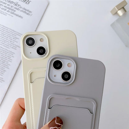 For iPhone 14 Plus Card Slot Phone Case Anti-Scratch Liquid Silicone Protective Phone Cover with Hanging Strap
