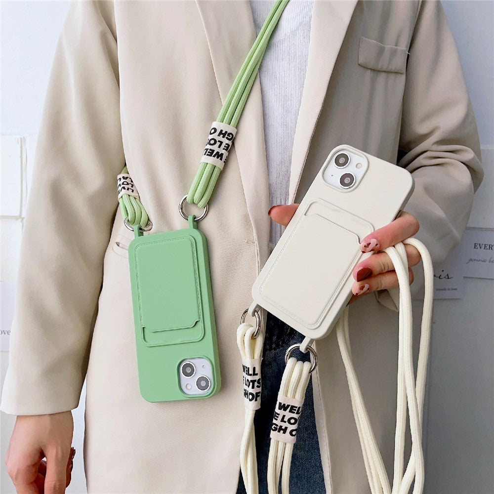 For iPhone 14 Plus Card Slot Phone Case Anti-Scratch Liquid Silicone Protective Phone Cover with Hanging Strap
