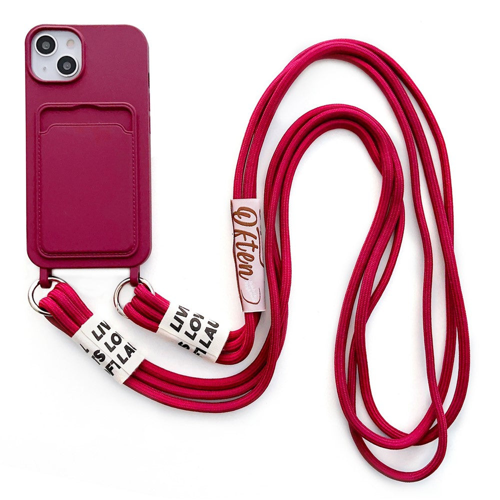 For iPhone 14 Plus Card Slot Phone Case Anti-Scratch Liquid Silicone Protective Phone Cover with Hanging Strap