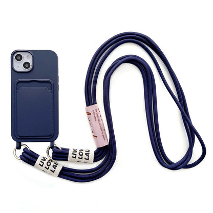 For iPhone 14 Plus Card Slot Phone Case Anti-Scratch Liquid Silicone Protective Phone Cover with Hanging Strap