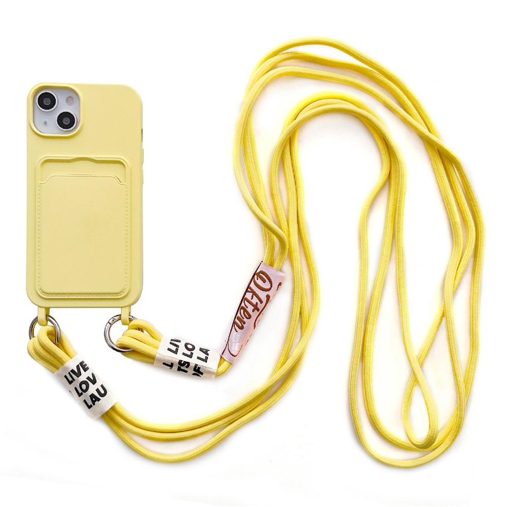 For iPhone 14 Plus Card Slot Phone Case Anti-Scratch Liquid Silicone Protective Phone Cover with Hanging Strap