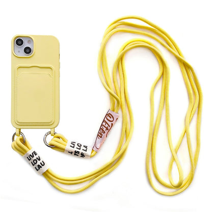 For iPhone 14 Plus Card Slot Phone Case Anti-Scratch Liquid Silicone Protective Phone Cover with Hanging Strap
