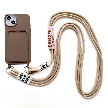 For iPhone 14 Plus Card Slot Phone Case Anti-Scratch Liquid Silicone Protective Phone Cover with Hanging Strap