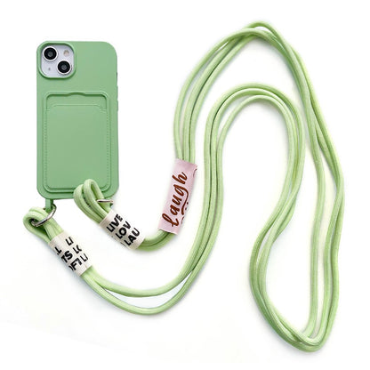 For iPhone 14 Plus Card Slot Phone Case Anti-Scratch Liquid Silicone Protective Phone Cover with Hanging Strap