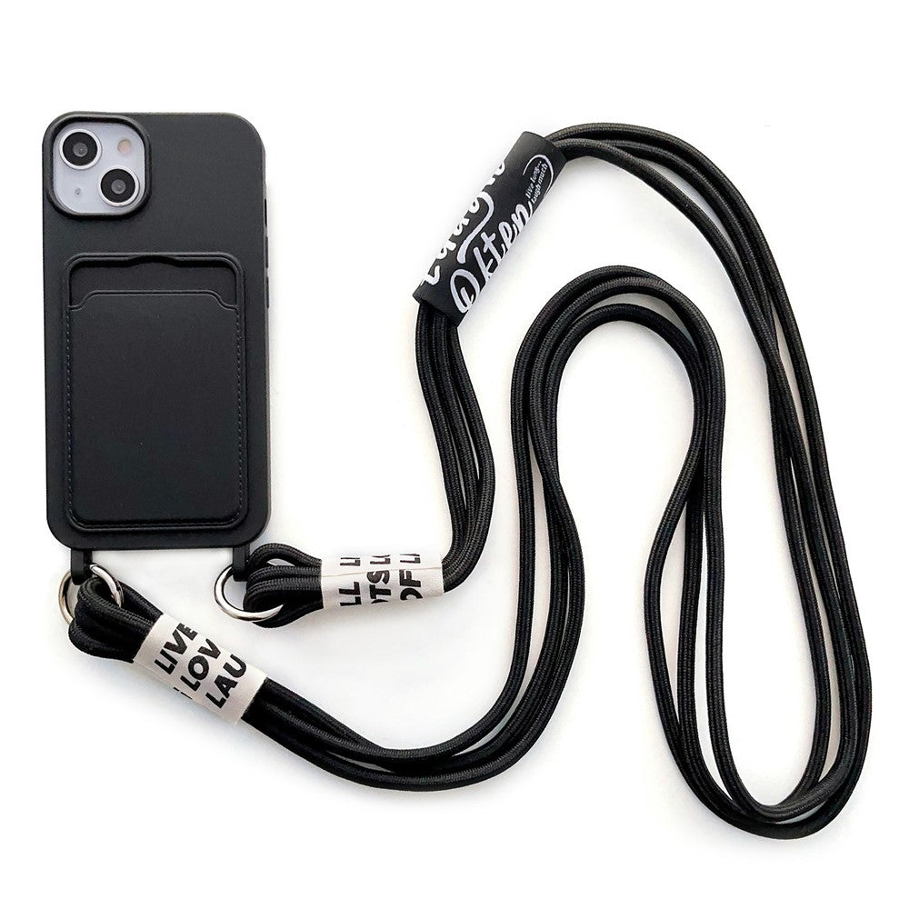 For iPhone 14 Plus Card Slot Phone Case Anti-Scratch Liquid Silicone Protective Phone Cover with Hanging Strap
