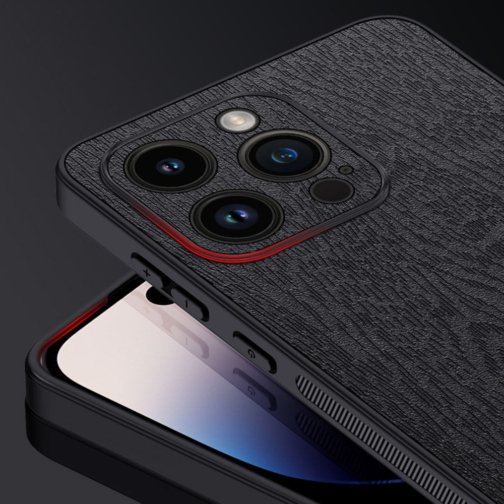 PU Leather+PC+TPU Phone Case For iPhone 14 Pro Max Wood Grain Phone Cover with All-wrapped Camera Protection